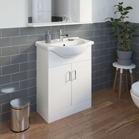 Gloss White Bathroom Vanity Unit and Basin Sink 650mm with Misi Tap & Waste