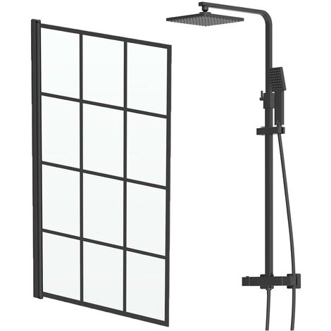 Modern Black Thermostatic Mixer Shower Square Grid Bath Screen Framed 6mm Glass (1/5)