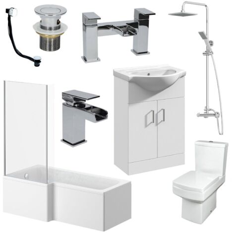L-shaped shower bath 1700mm with dual flush toilet and vanity unit – Soft close seat – Modern white finish – 25-year guarantee – Affine (1/5)