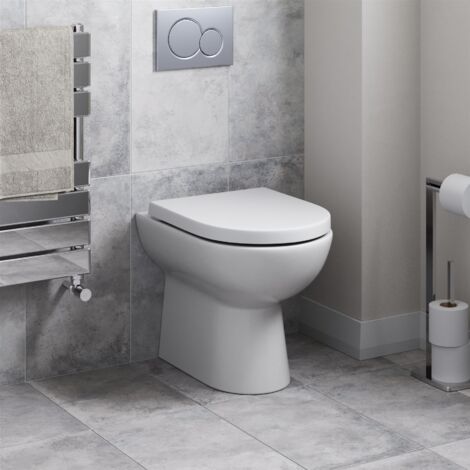 BTW Back To Wall Toilet Pan WC Round Modern Top Mount Soft Close Seat White