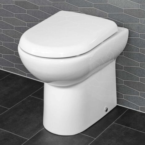 BTW Back To Wall Toilet Pan WC Round Modern Top Mount Soft Close Seat White