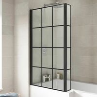 Bath Shower Screen Door Hinged 800mm Black Grid Square 6mm Glass Return Panel