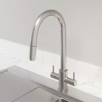 Kitchen Tap Dual Twin Lever Modern Mono Sink Mixer Hot Cold Faucet - Pull Out Spout Brushed Nickel Finish