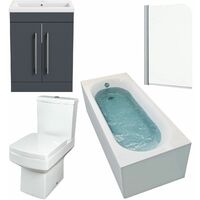 Gloss Grey Bathroom Suite 1700mm Straight Bath Screen Basin Vanity Unit Toilet
