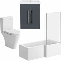 Bathroom Suite 1600mm RH L Shape Shower Bath Toilet Basin Vanity Unit Grey Gloss