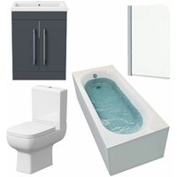 Bathroom Suite 1800 x 750 Curved Bath Screen Toilet Basin Sink Vanity Grey Unit