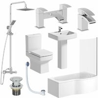 Complete Bathroom Suite RH Shower Bath Toilet Basin Pedestal Shower Taps Square