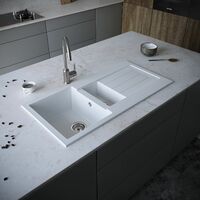 Sauber Kitchen Sink 1.5 Bowl 1000x500mm Matt White Drainer Composite Inset Waste - White