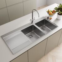Kitchen Sink 2 Bowl Square Inset Stainless Steel Left Hand LH Drainer Overflow
