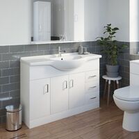 Bathroom Vanity Unit Basin Tap + Waste Gloss White Floorstanding