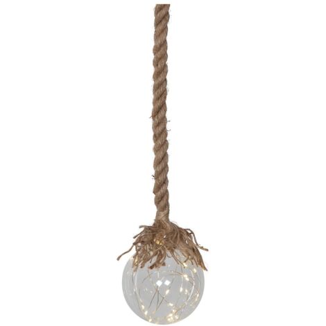 Suspension boule lumineuse 'Jutta' en verre sur corde de jute, 15 LED Dew Drop, piles + minuteur, transparente, H 140 cm (1/4)