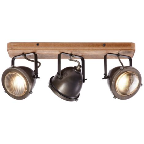 Lampe spot d'intérieur 3 flammes en bois et acier brûlé – Têtes pivotantes – Compatible avec lampes à réflecteur – Échelle énergétique A++ à E – Brilliant (1/5)
