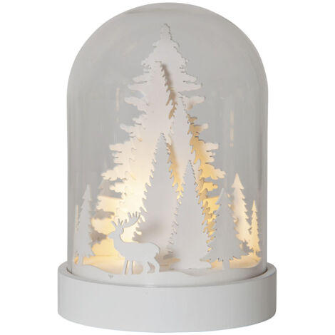 Décoration LED "Kupol", blanche, dôme en verre avec motifs de Noël, LED blanc chaud, minuterie, batterie, 17,5 cm (1/4)