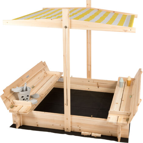 needs&wants® Bac à sable en bois pour enfants avec couvercle carré et bancs, toit ajustable ouvrant rétractable, siège, sol, carré, refermable, pour jardin et jeux, 120x120 cm, pin, jaune blanc