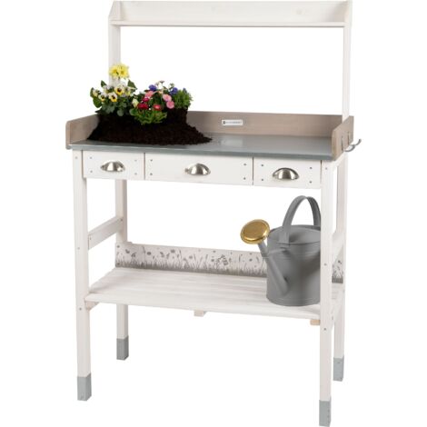 WONDERMAKE® Grand Table de rempotage Jardinage Plantation en Bois avec 3 tiroirs, résistant aux intempéries, Grand Plan de Travail pour l'extérieur ou Le Balcon, 85 x 45 x 130 cm XL, Blanc Gris
