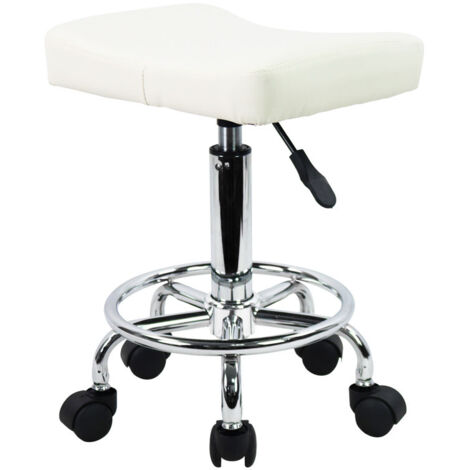 Tabouret Roulant Carré en Cuir PU Réglable en Hauteur Pivotant Massage Spa Tabourets de Salon Chaise de Travail avec Roues - Blanc - KKTONER