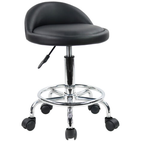 Tabouret à roulettes de Bureau Tabouret de Travail réglable en Hauteur 48-64 cm en Cuir synthétique avec Repose - Pieds Noir - KKTONER