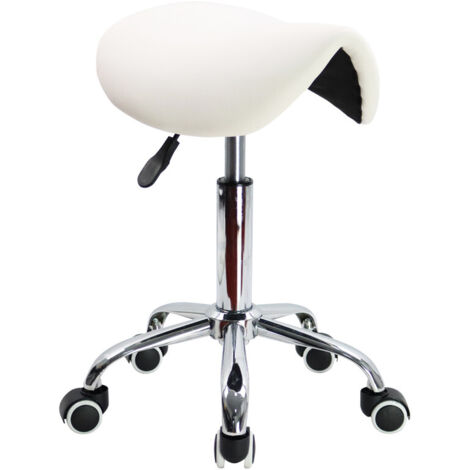 Tabouret Selle de Cheval réglable en hauteur 45-61 cm – Cuir PU blanc – 5 roulettes pivotantes – Capacité 136 kg – Kktoner