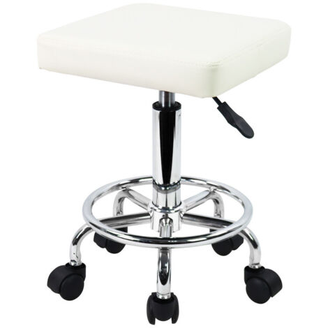 Tabouret à roulettes Tabouret de Travail en Cuir synthétique réglable en Hauteur 46-61cm Blanc - KKTONER