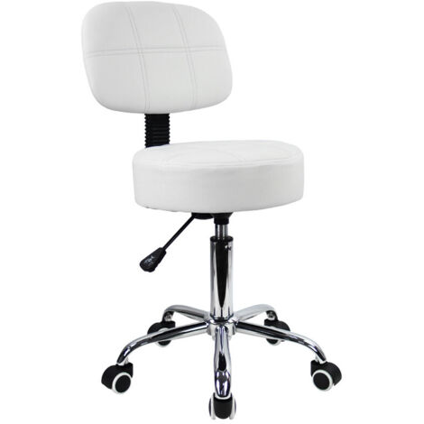 Tabouret roulant avec dossier sur roulettes réglable en hauteur – Simili cuir blanc – Capacité 135 kg – Diamètre d'assise 35 cm – Kktoner