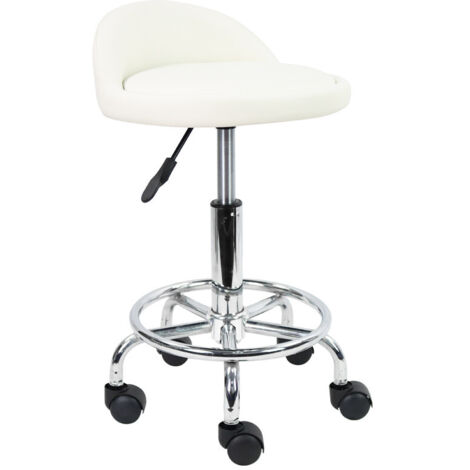 Tabouret à roulettes de Bureau Tabouret de Travail réglable en Hauteur 48-64 cm en Cuir synthétique avec Repose - Blanc - KKTONER
