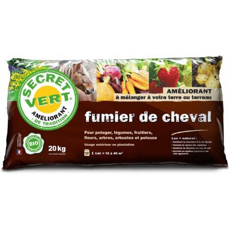 Fumier de cheval biologique 20 kg – Améliore la structure du sol – Utilisable en agriculture biologique – Enrichit les sols appauvris – Secret Vert