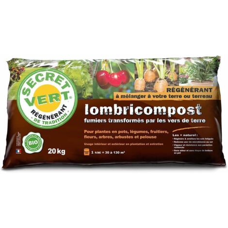 Terreau lombricompost régénérant 20 kg – Amendement naturel pour sols fatigués – Utilisable en agriculture biologique – Surface couverte 30 à 130 m² – Secret Vert