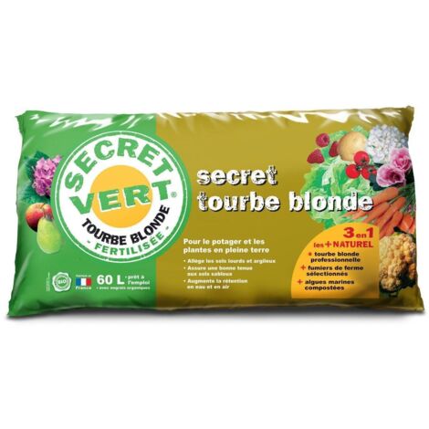 Terreau tourbe blonde 60 litres – Amendement organique pour sols lourds et argileux – Prêt à l'emploi pour potager et plantes en pleine terre – Secret Vert