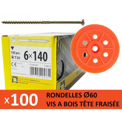 100 Rondelles d'isolation D.60 mm + Vis à bois L. 140 mm