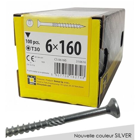 BOITE DE 100 VIS À TÊTE FRAISÉE 6 x 160, EMPREINTE TORX FINITION SILVER