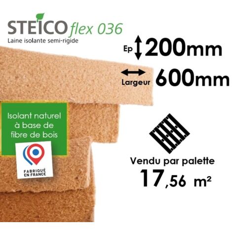Steico – Panneau d'isolation en laine de bois semi-rigide 600 x 1220mm – Épaisseur 200mm – Conductivité thermique 0,036 W/mK – Résistance thermique 5,55 (1/4)