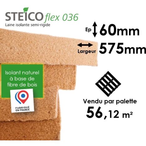 Steico – Panneau d'isolation en laine de bois semi-rigide 575x1220mm – Épaisseur 60mm – Conductivité thermique 0,036 W/mK – Résistance thermique 1,65 (1/4)
