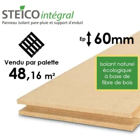 Steico – Panneau d'isolation en laine de bois 60mm R=1,50 – Triple fonction isolant, pare pluie, coupe-vent – Palette entière 48,16m²