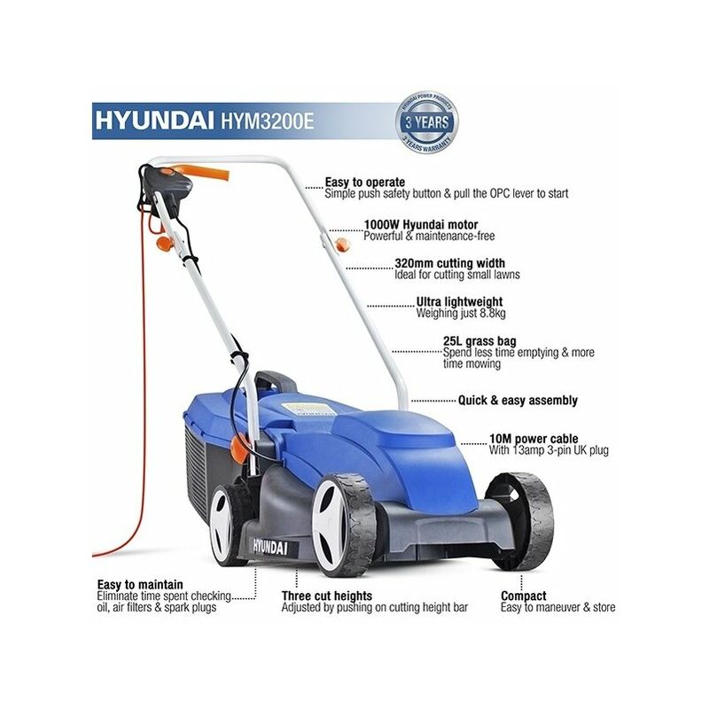 Rotary Lawnmower Hyundai HYM3200E Corded Electric 1000W 240V