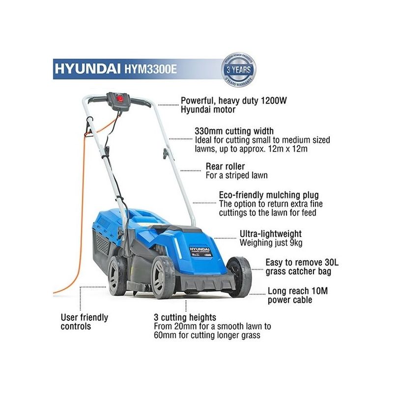 Hyundai HYM3300E 33cm Corded Electric 1200w/230v Roller Mulching
