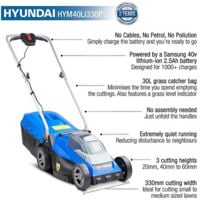 Hyundai HYM40LI330P 40V Lithium-Ion Cordless Battery Powered Roller Lawn Mower 33cm Cutting Width With Battery & Charger