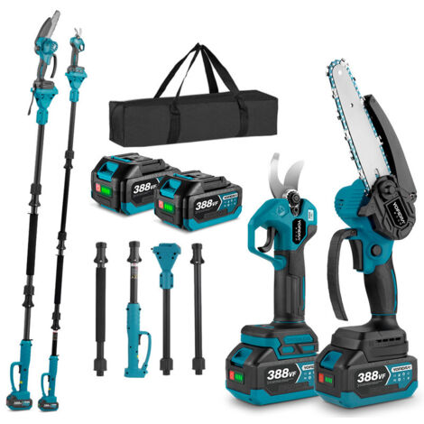 Teleskopstangen-Gartenschere und Kettensägen-Set, mit Ölflasche, 2 m verstellbare Teleskopstange + 6 Zoll bürstenlose Kettensäge + 25 mm elektrische Gartenschere, mit 2 Batterien