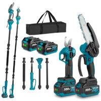 Teleskopstangen-Gartenschere und Kettensägen-Set, mit Ölflasche, 2 m verstellbare Teleskopstange + 6 Zoll bürstenlose Kettensäge + 25 mm elektrische Gartenschere, mit 2 Batterien