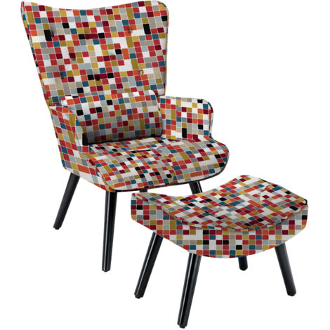 HomeMiYN Fauteuil à Accoudoirs avec Coussin et Pou-Canapé d'Angle pour Salon-Design Mosaïque Colorée (1/5)