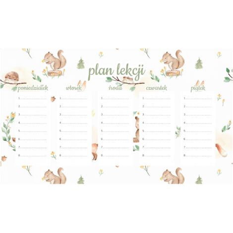 Piano di lezione magnetico Animali della foresta pastello 45x26 cm
