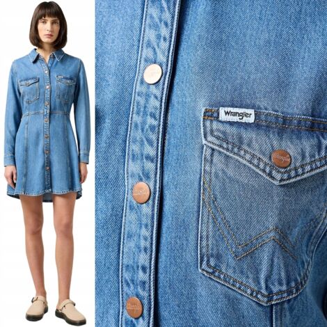 Wrangler Camicia Uomo In Jeans Denim - Vestibilità Regolare, Stile Western Con Bottoni A Scatto, Colore Denim Mid Wash, Taglia L