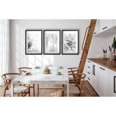 Quadro Astratto Floreale In Bianco E Nero, Set Da 3, 40,6x61 Cm Ciascuno, Arte Da Parete Per Soggiorno