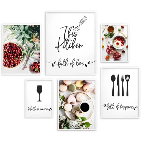 BLCKART Set di poster per la cucina Amore per la tua cucina dei sogni, sala da pranzo, decorazione, stampa d'arte, vino e pasta, immagini per la