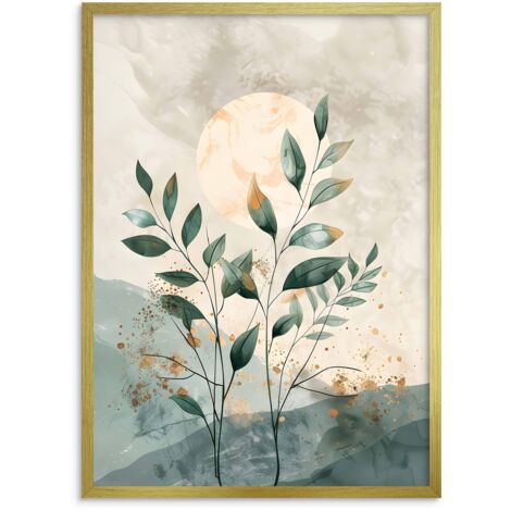 Quadro da parete minimalista, poster da parete con cornice dorata, foglie verdi, stile Boho