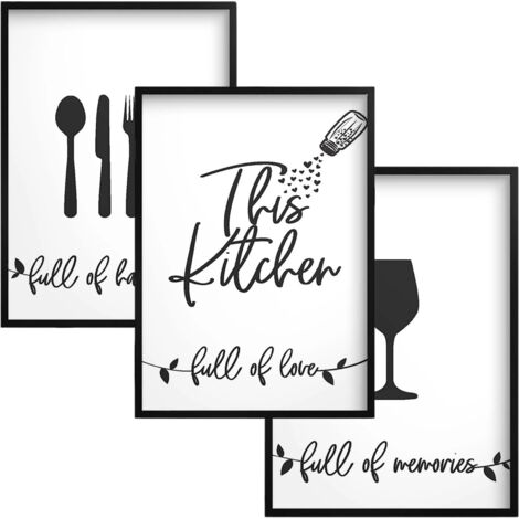 Set di 3 poster Bianco e nero con cornice Quadri da parete per la cucina