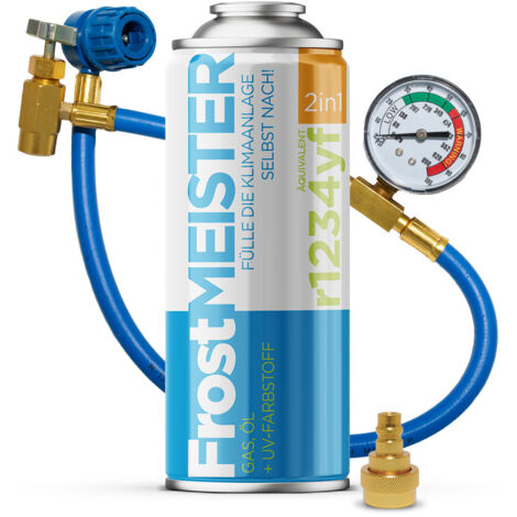 FROSTMEISTER 2in1 400ml - Bomboletta R1234yf + Tubo con Manometro + Adattatore KIT SELF-SERVICE ARIA CONDIZIONATA