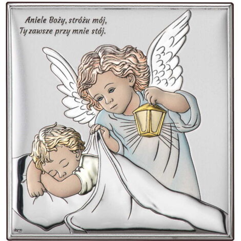 Quadro color argento Angelo custode con lanterna sopra un bambino "angelo di Dio..." DS15C 7 x 7 cm