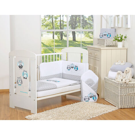 Set di biancheria da letto per bambini 135x100cm con paracolpi 3 pezzi, gufi grigi, con ricamo grigio-turchese