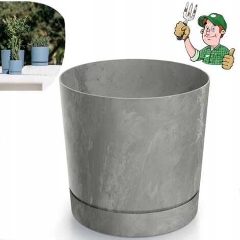 Botle Vaso Rotondo In Plastica Effetto Cemento, Antracite, Con Sottovaso, Diametro 23,9 Cm, Per Piante Grasse E Interni