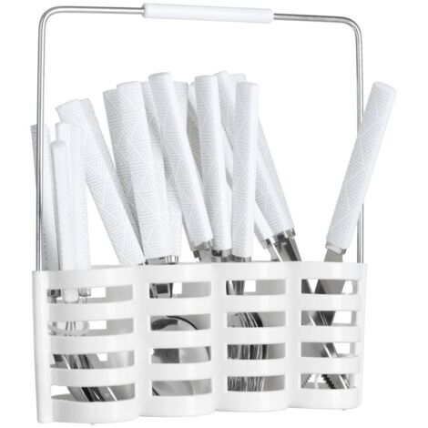 Set di posate Géo da 24 pezzi con supporto, bianco, acciaio inossidabile
